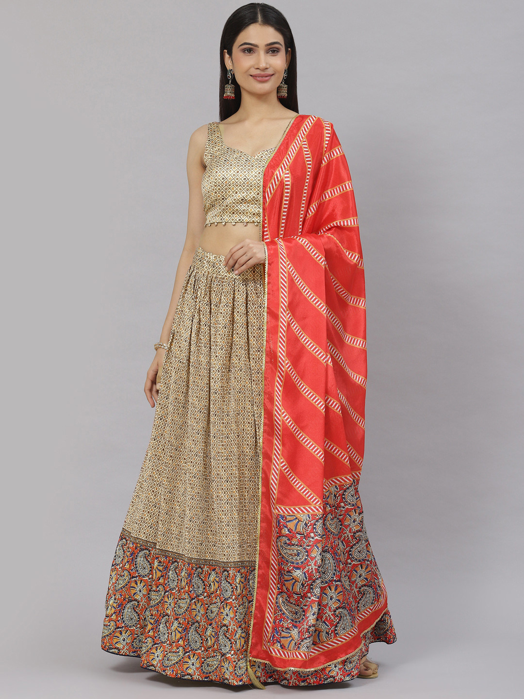 

Readiprint Fashions Printed Unstitched Lehenga & Blouse With Dupatta, Beige