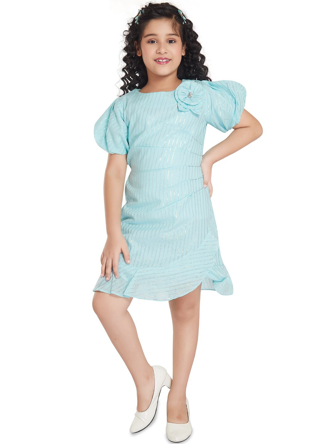 Peppermint Girls Round Neck Striped Cotton A-Line Dress, Sea green