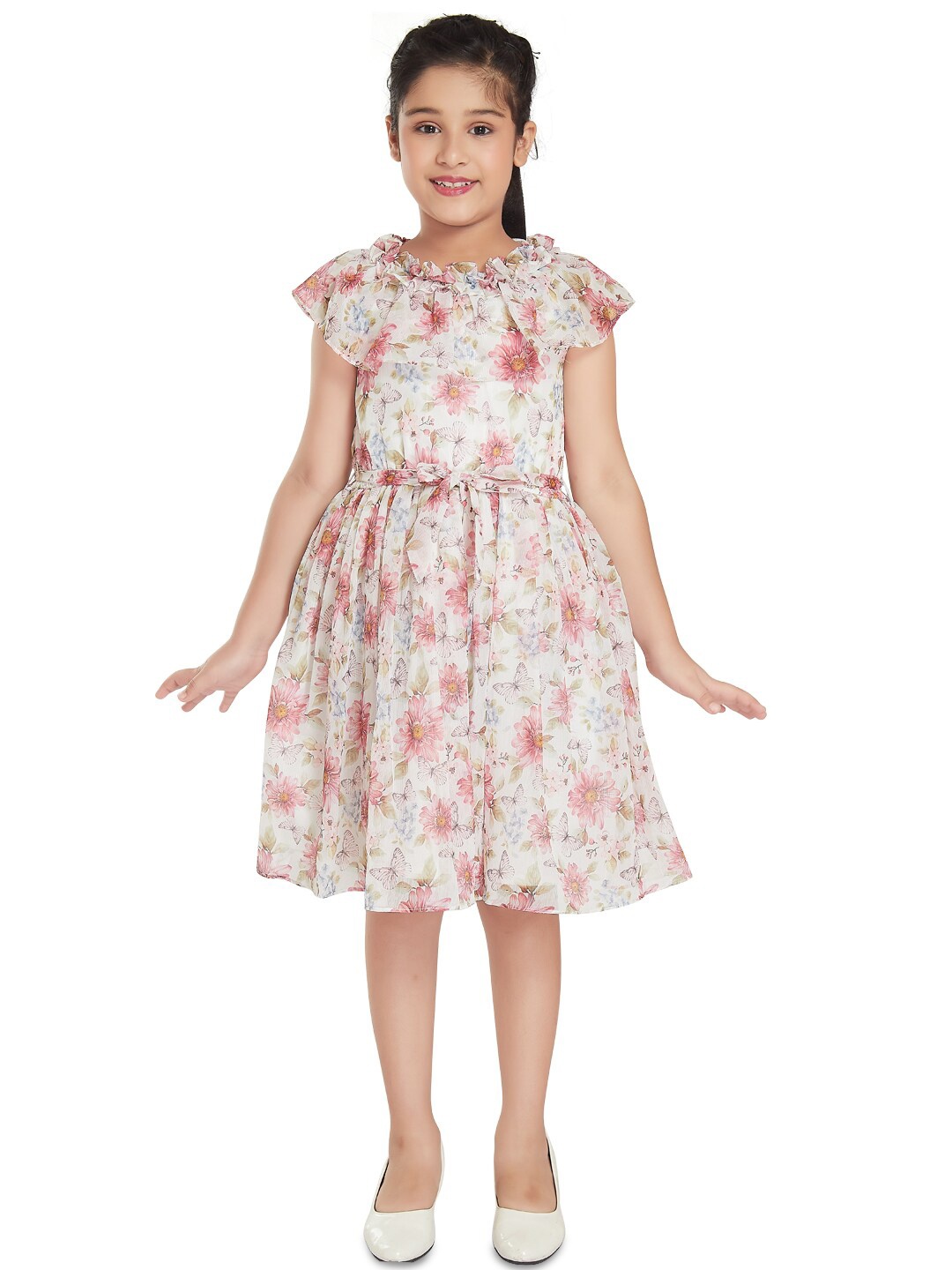 

Peppermint Girls Round Neck Floral Printed Fit And Flare Dress With Belt, Pink