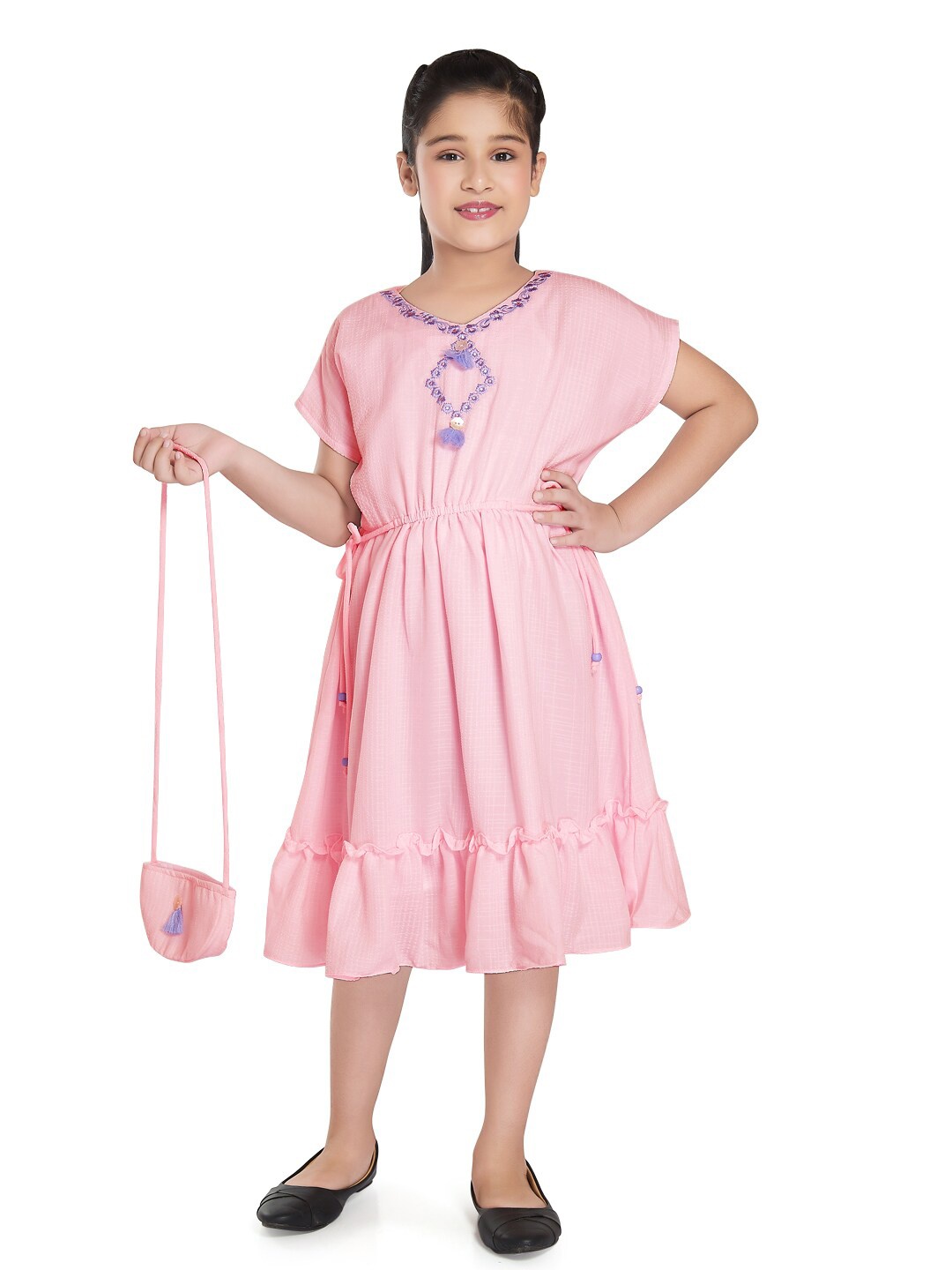

Peppermint Girls Embroidered Extended Sleeves Tie-Up Fit & Flare Dress With Sling Bag, Pink