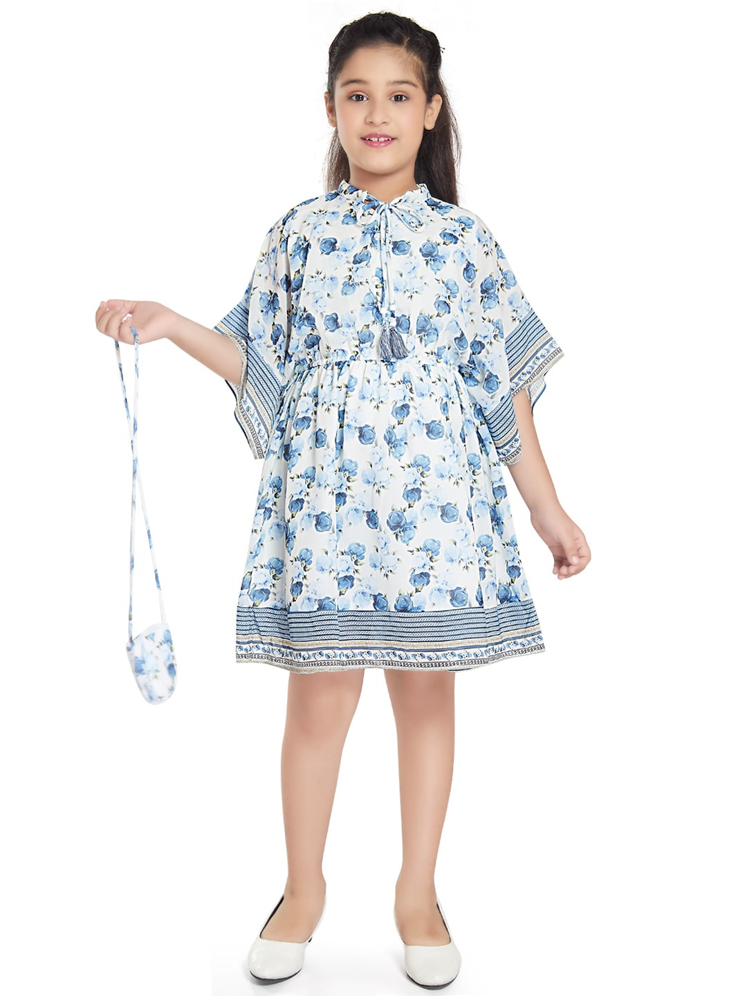 

Peppermint Girls Floral Printed Extended Sleeves A-Line Dress With Sling Bag, Blue
