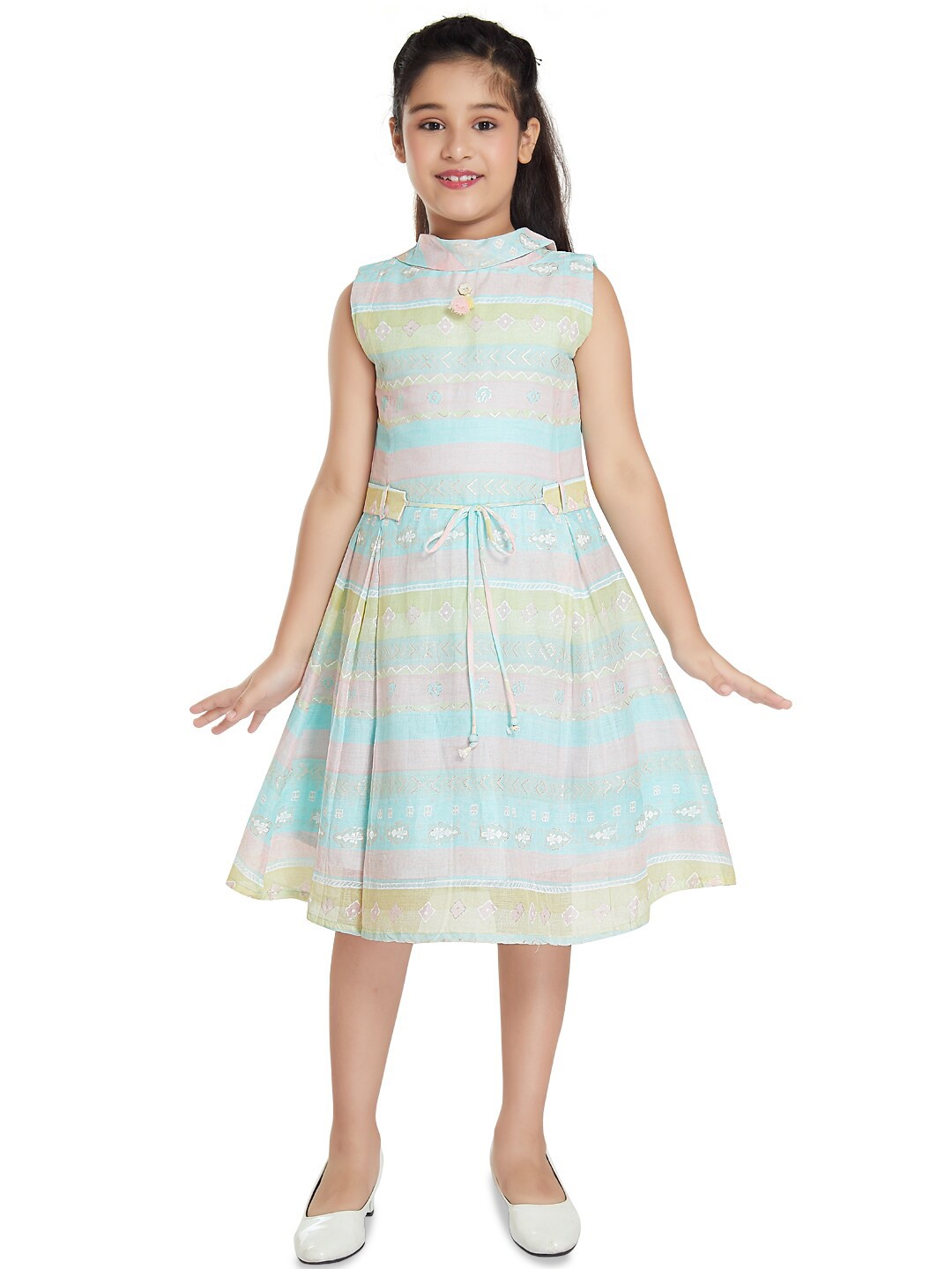 

Peppermint Spread Collar Stripes A-Line Dress With Belt, Sea green