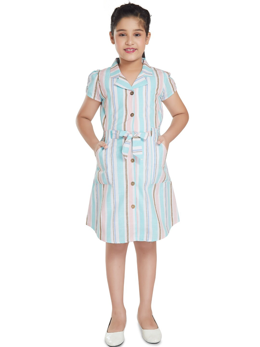 

Peppermint Girls Spread Collar Striped Cotton Shirt Dress With Belt, Sea green