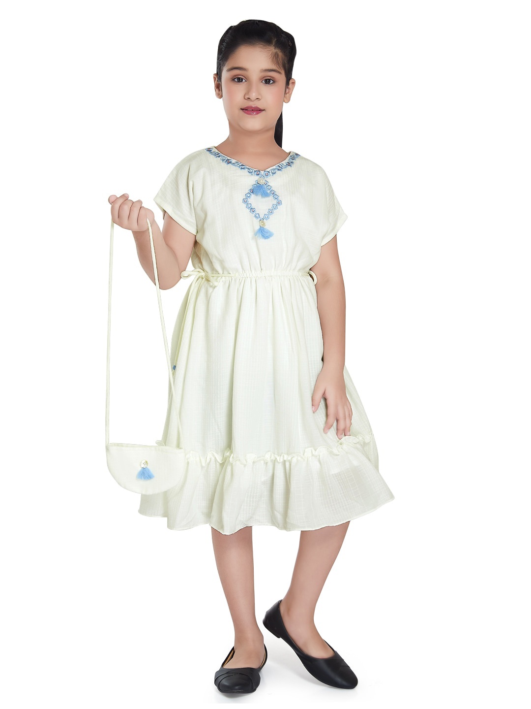 

Peppermint Girls Embroidered Extended Sleeves Tie-Up Fit & Flare Dress, Off white