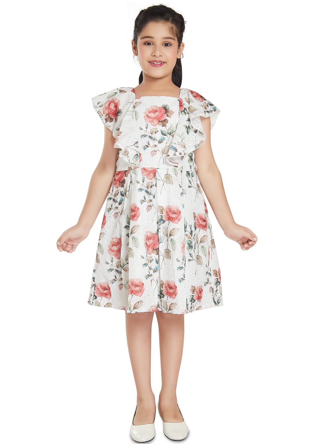 Peppermint Girls Floral Printed Ruffles Fit & Flare Dress, Red