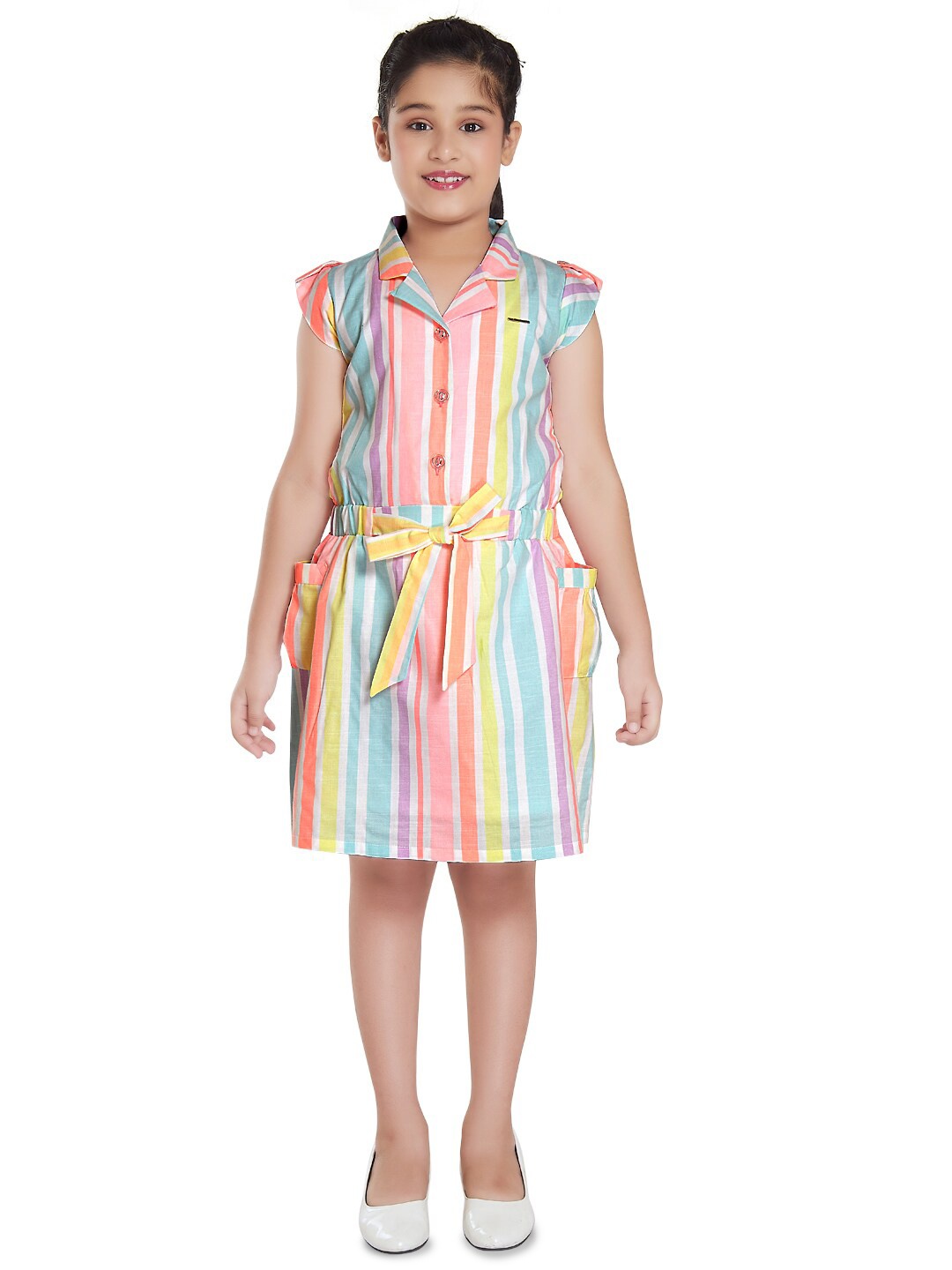 

Peppermint Girls Spread Collar Striped A-Line Dress With Belt, Blue