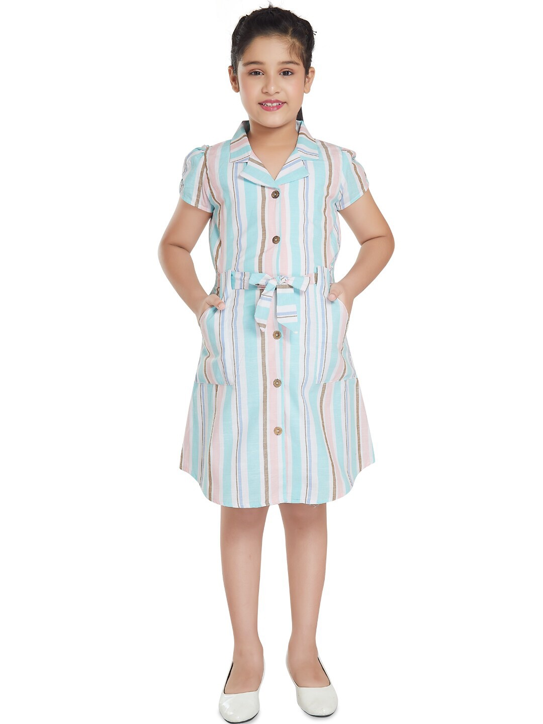 

Peppermint Shirt Collar Striped Dress, Sea green