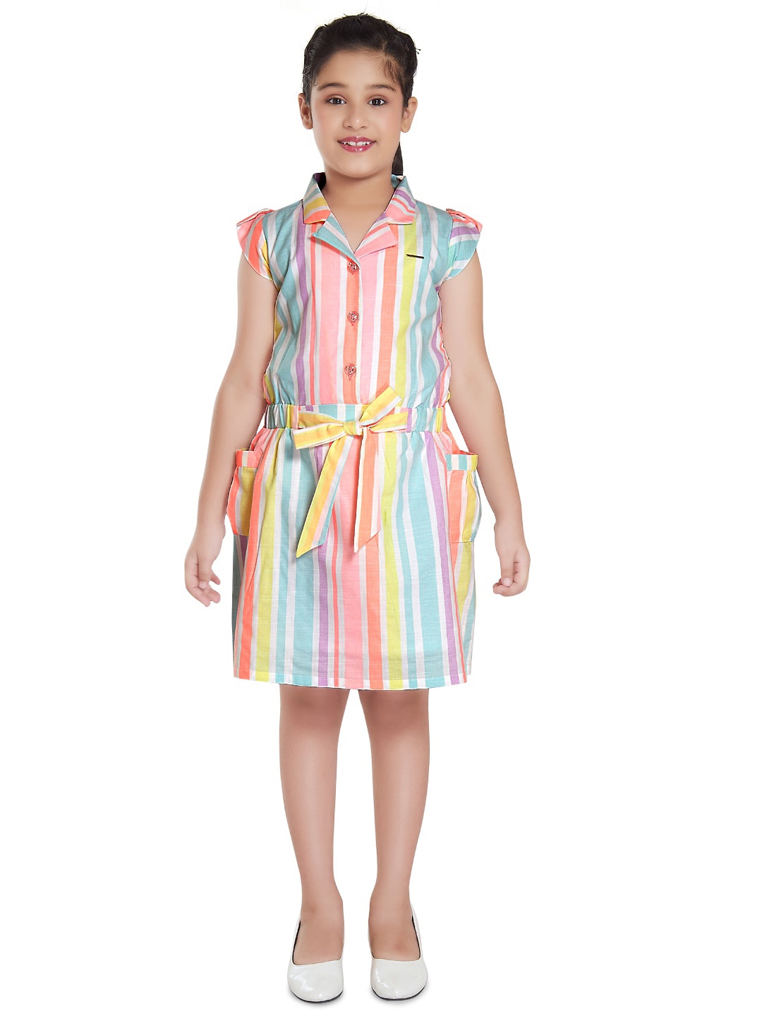 

Peppermint Girls Spread Collar Striped Shirt Dress With Belt, Pink