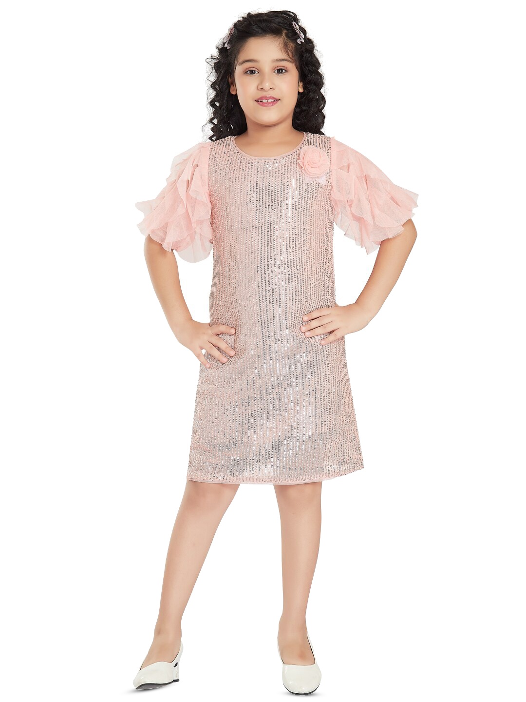 

Peppermint Girls Round Neck Sequined Satin A-Line Dress, Peach