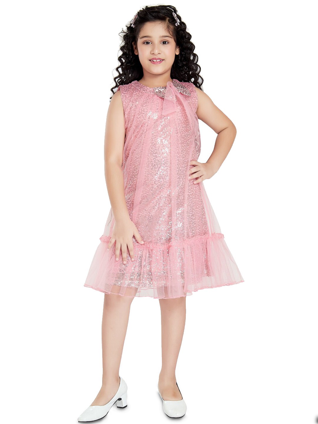 

Peppermint Girls Round Neck Sequined Net A-Line Dress, Pink