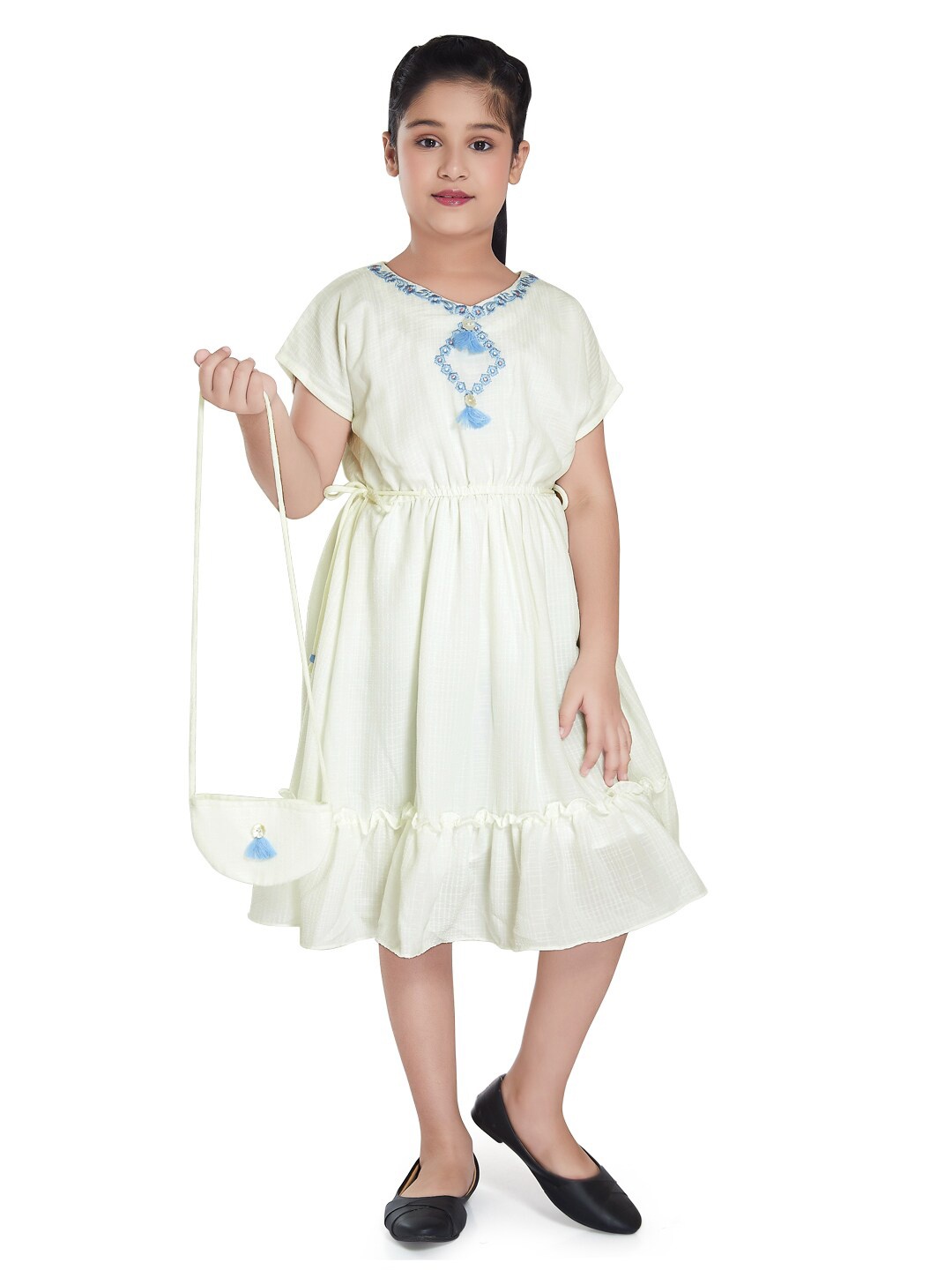 

Peppermint Girls V-Neck Cotton Fit And Flare Dress, Off white