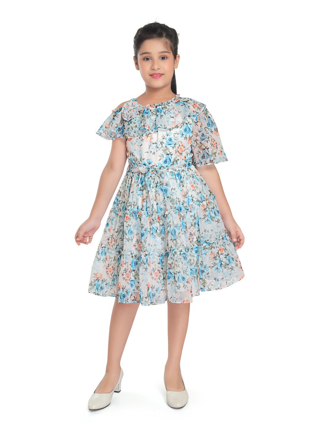 Peppermint Girls Off Shoulder Floral Printed Tiered Cotton Fit And Flare Dress, White