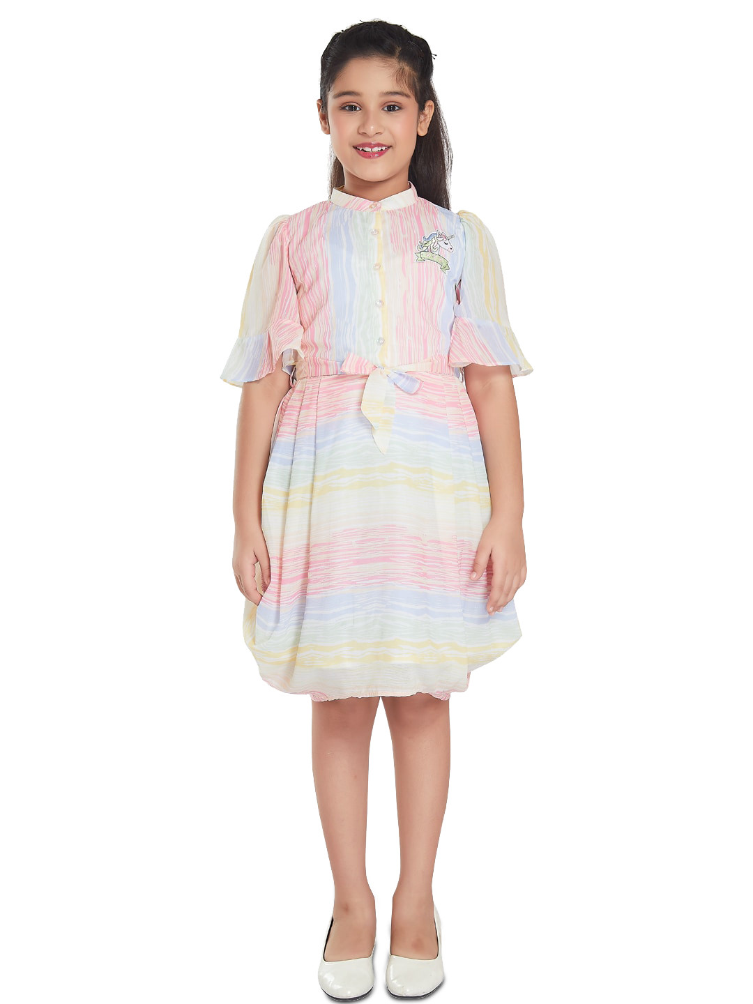 

Peppermint Girls Band Collar Floral Printed Tiered A-Line Dress, Pink