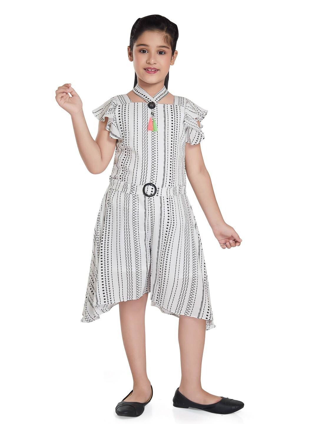 

Peppermint Girls Square Neck Geometric Printed Cotton A-Line Dress, White