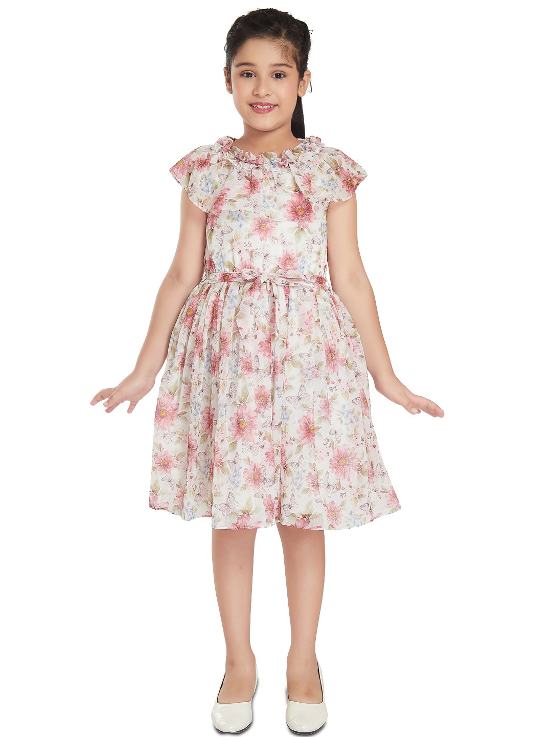 

Peppermint Girls Floral Printed Cotton Fit And Flare Dress With Belt, Pink