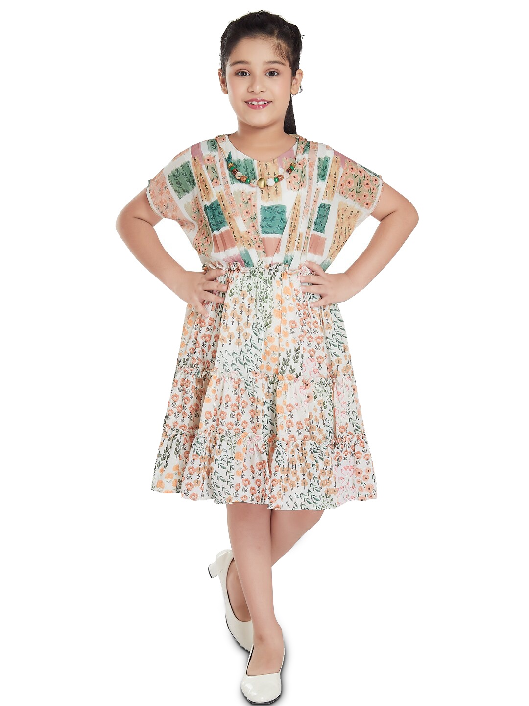 Peppermint Girls Floral Printed Extended Sleeves Fit & Flare Dress, Beige