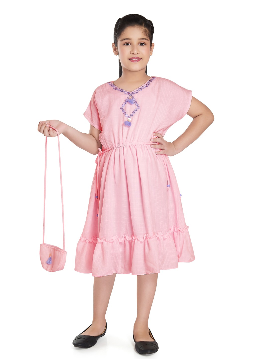 Peppermint Girls V-Neck Cotton Fit And Flare Dress, Pink