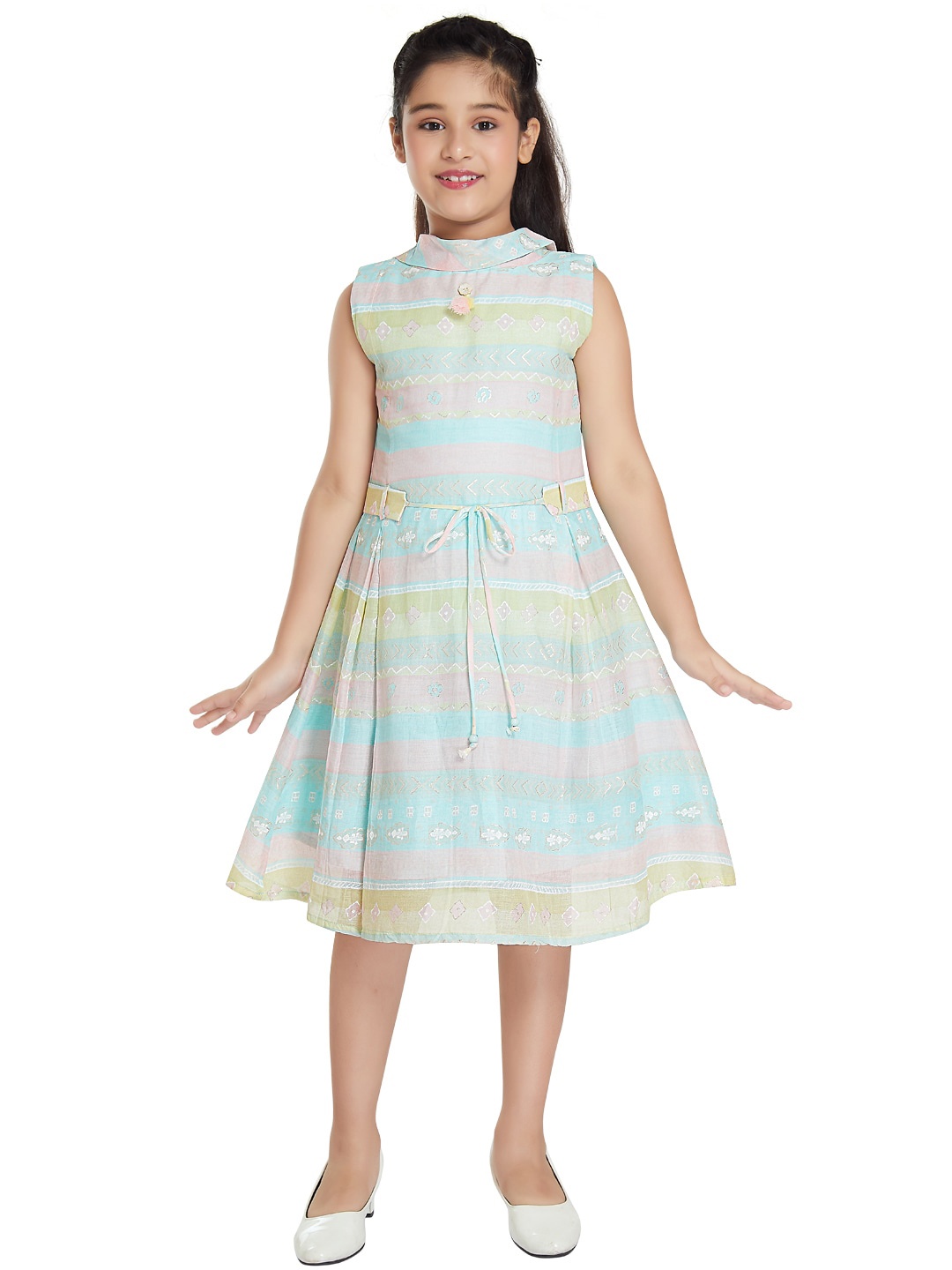 Peppermint Girls Spread Collar Geometric Printed Cotton Fit and Flare Dress, Sea green