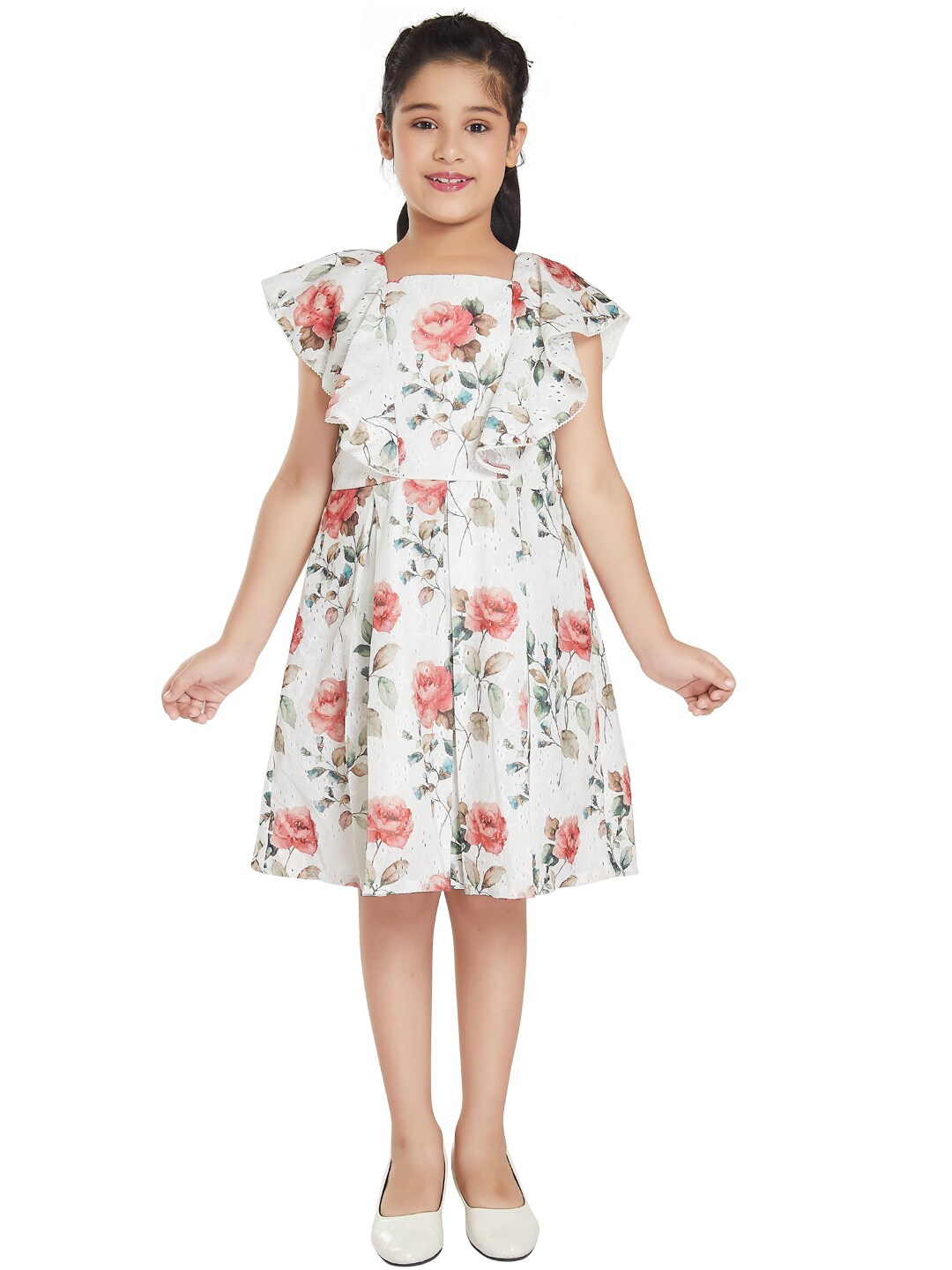 

Peppermint Girls Floral Printed Ruffles Fit & Flare Dress, White