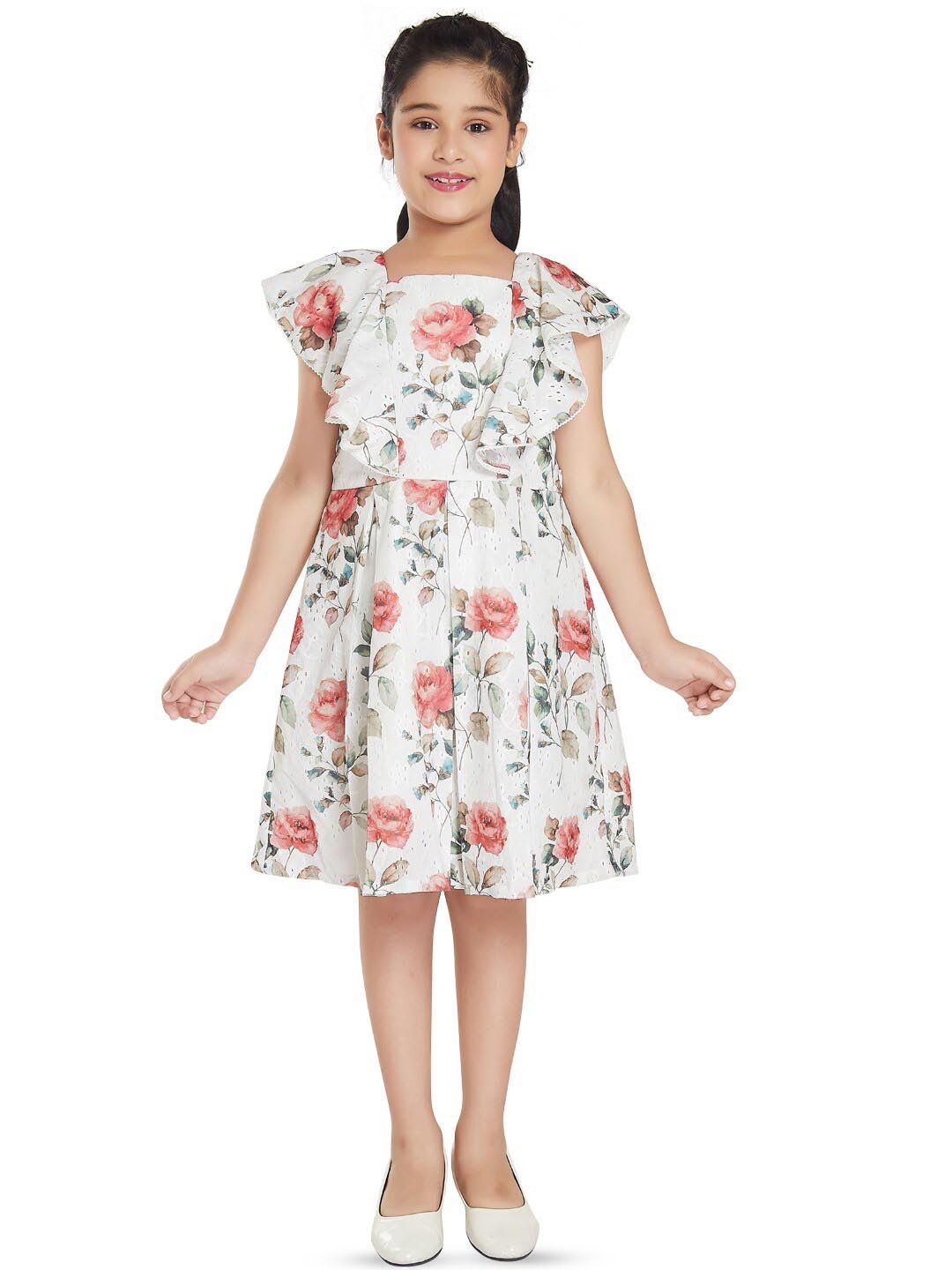 

Peppermint Girls Floral Printed Ruffles Fit & Flare Dress, White