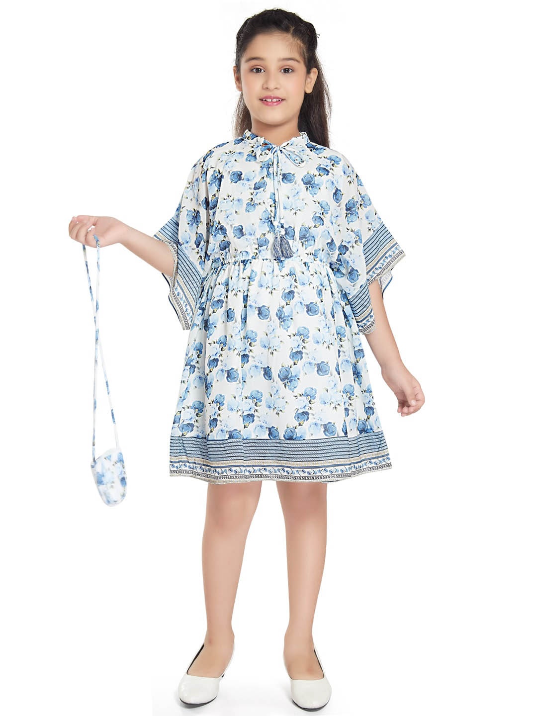 

Peppermint Girls Floral Printed Extended Sleeves A-Line Dress With Sling Bag, White