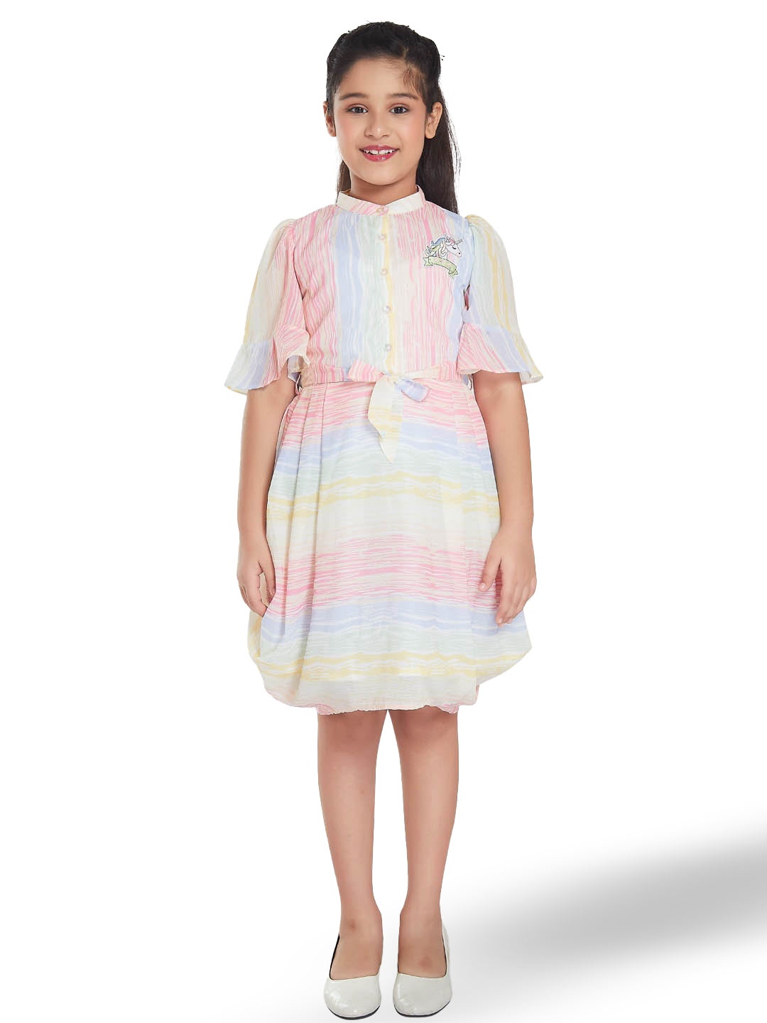 

Peppermint Girls Mandarin Collar Striped Shirt Dress With Belt, Pink