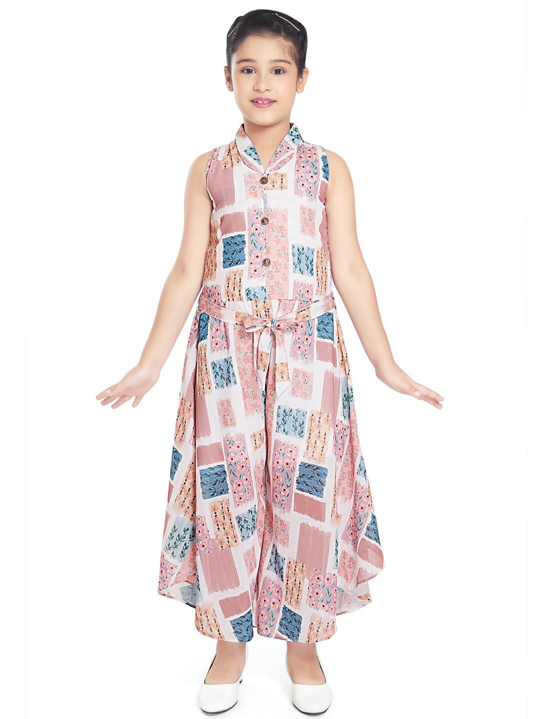 

Peppermint Girls Spread Collar Floral Printed Cotton Fit And Flare Dress With Belt, Peach