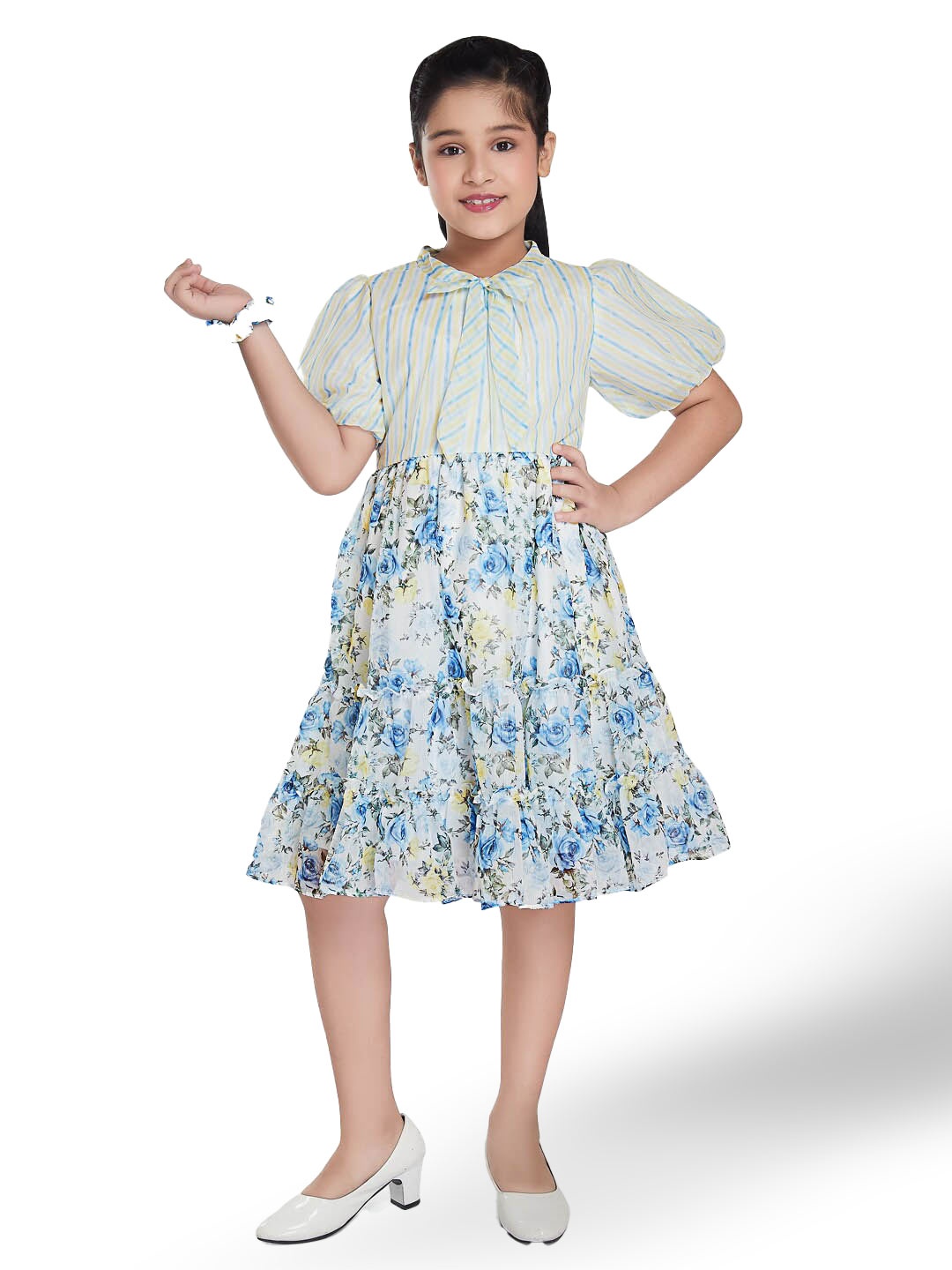 Peppermint Girls Round Neck Floral Printed Tiered A-Line Dress, Blue