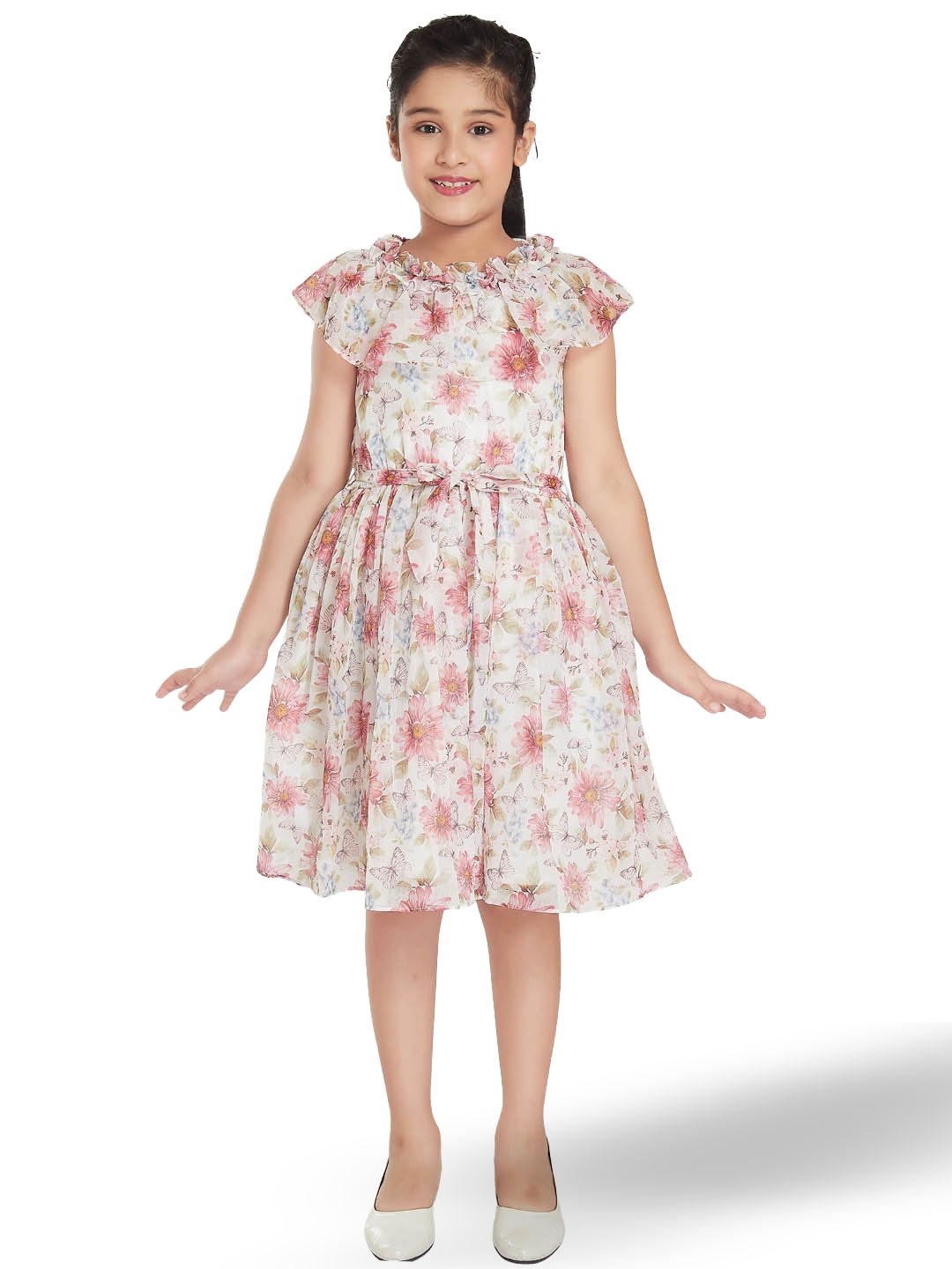 

Peppermint Girls Floral Printed Ruffles Fit & Flare Dress, Off white