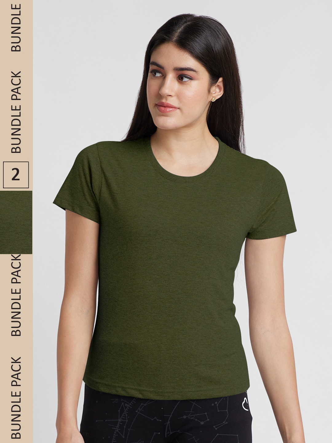 

NOIRA Pack Of 2 Round Neck Cotton T-shirt, Olive