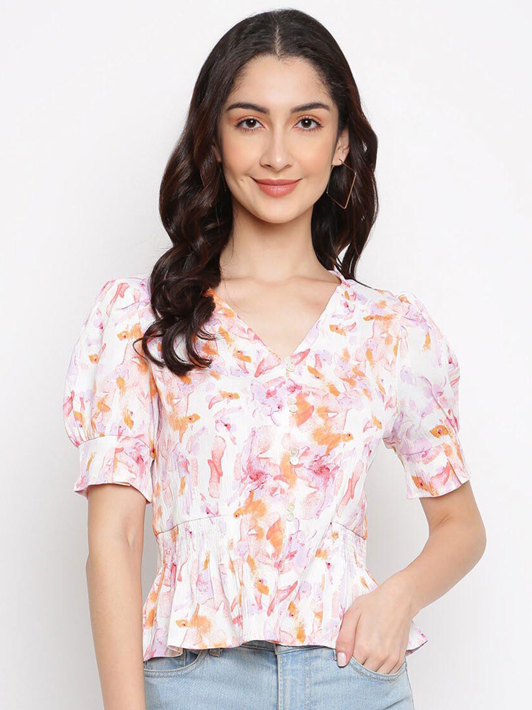 

Latin Quarters Floral Printed V-Neck Puff Sleeves Peplum Top, White