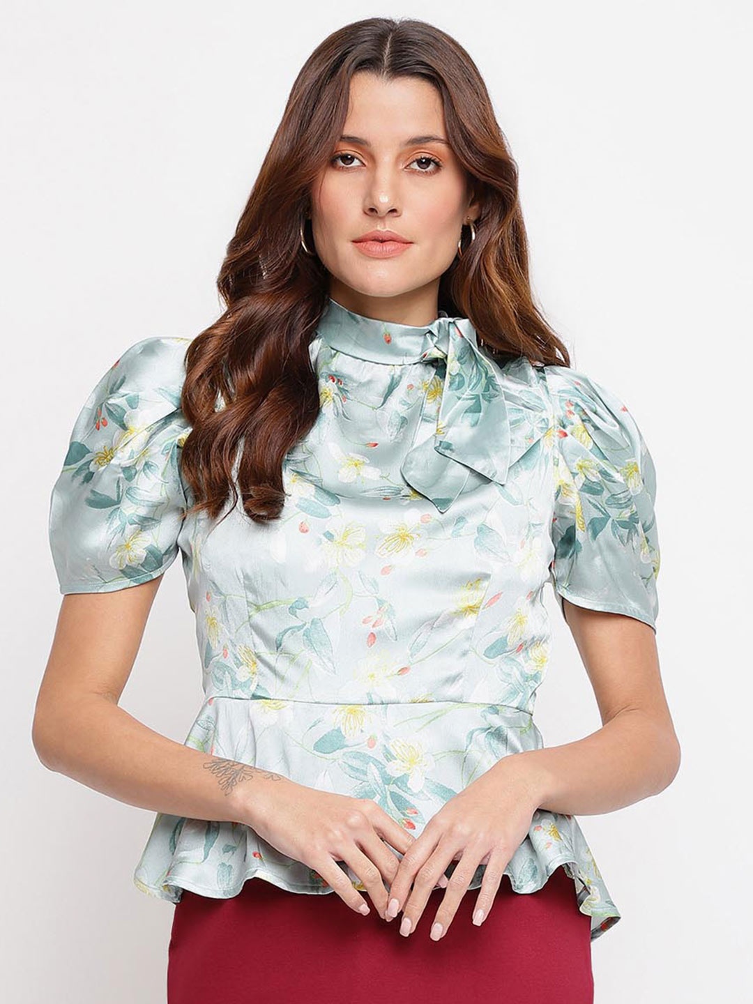 

Latin Quarters Floral Printed Tie-Ups Neck Puff Sleeves Peplum Top, Blue