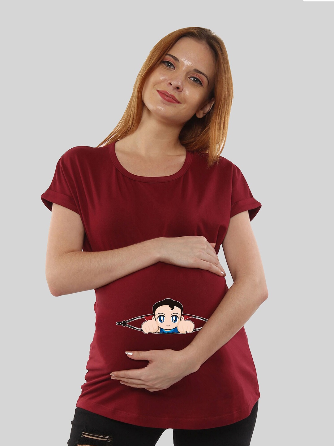 

SillyBoom Graphic Printed Extended Sleeves Cotton Maternity T-shirt, Maroon