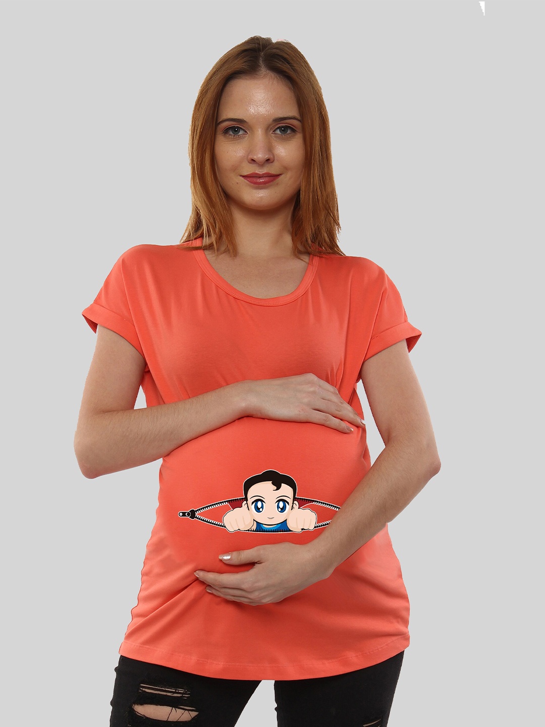 

SillyBoom Graphic Printed Drop-Shoulder Cotton Maternity T-Shirt, Orange