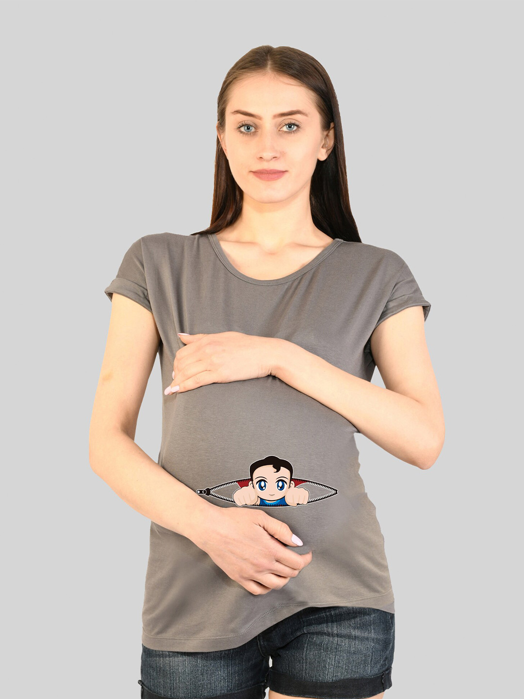 

SillyBoom Graphic Printed Dolman Sleeves Cotton Maternity T-shirt, Grey