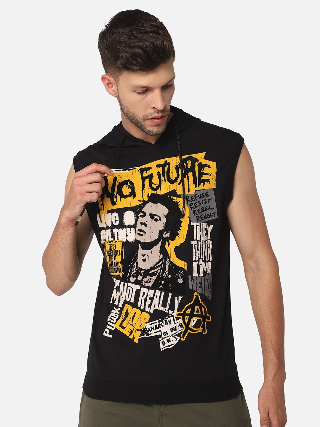 

PUNK Typography Printed Hooded Cotton T-shirt, Black