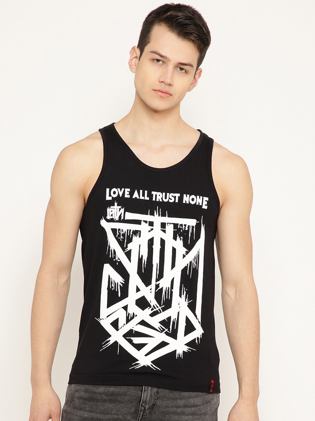 

PUNK Graphic Printed Sleeveless Cotton T-shirt, Black