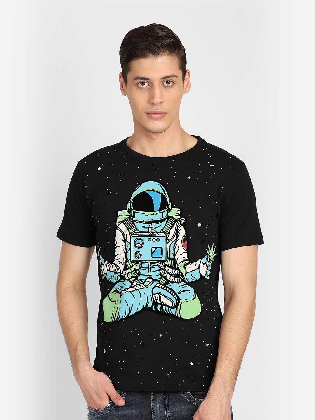 

PUNK Graphic Printed Round Neck Cotton T-shirt, Black