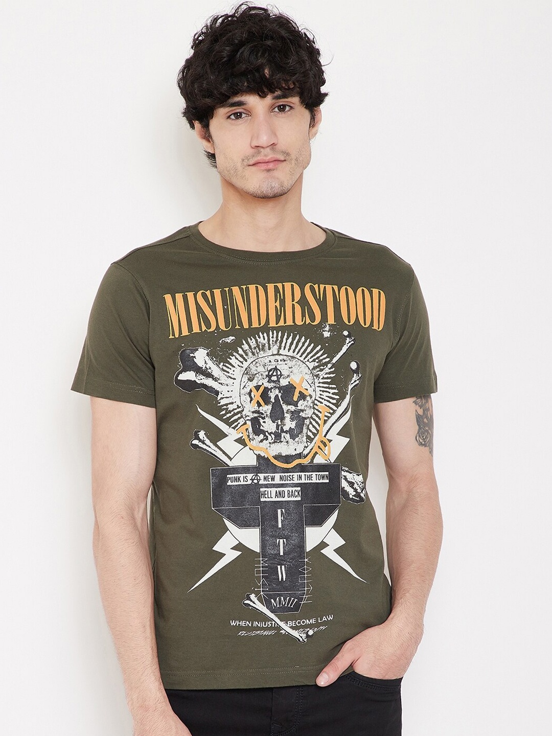 

PUNK Graphic Printed Cotton T-shirt, Olive