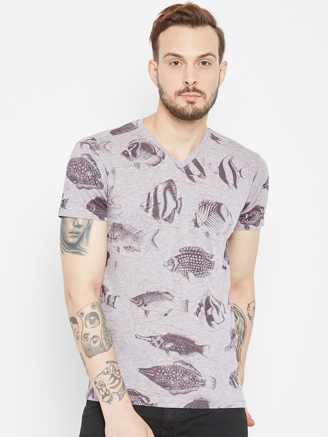 

PUNK Conversational Printed V-Neck T-shirt, Grey