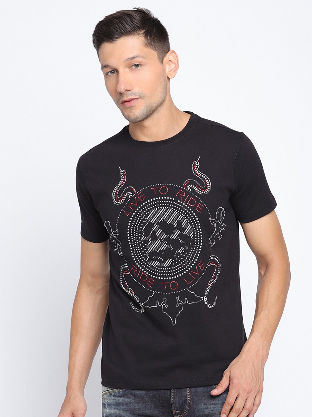 PUNK Graphic Printed Rund Neck Cotton T-shirt, Black