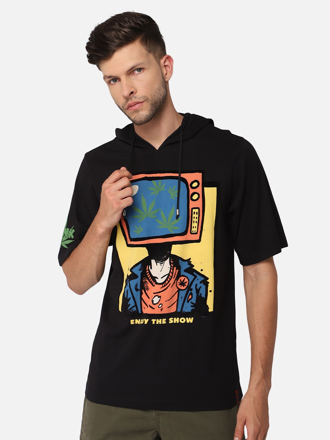 

PUNK Graphic Printed Hooded Cotton T-shirt, Black