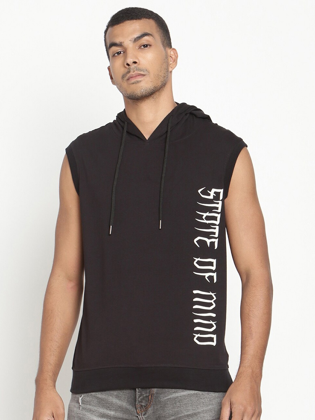 

PUNK Typography Printed Hooded Neck Cotton T-shirt, Black