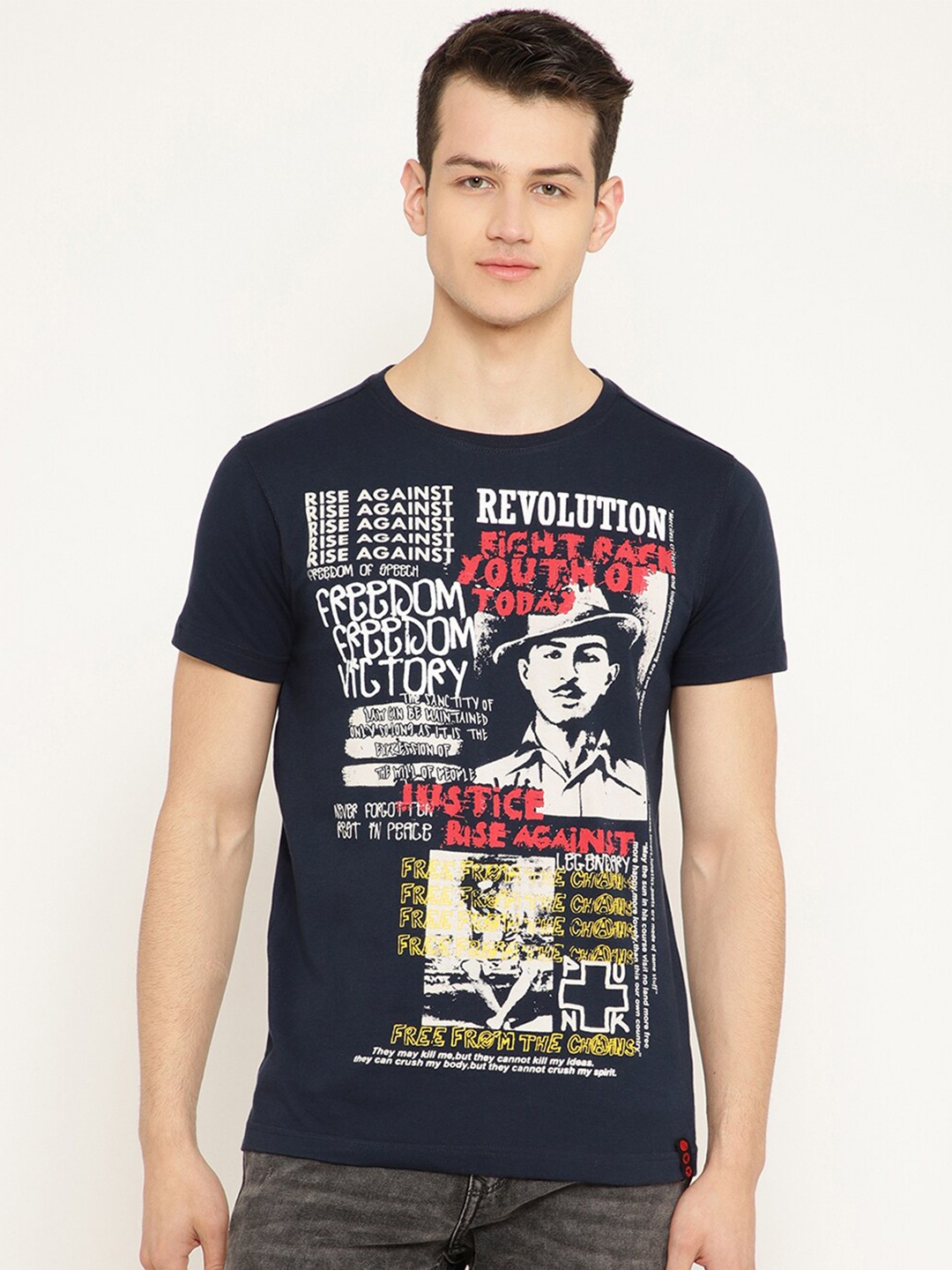 

PUNK Typography Printed Cotton T-shirt, Navy blue