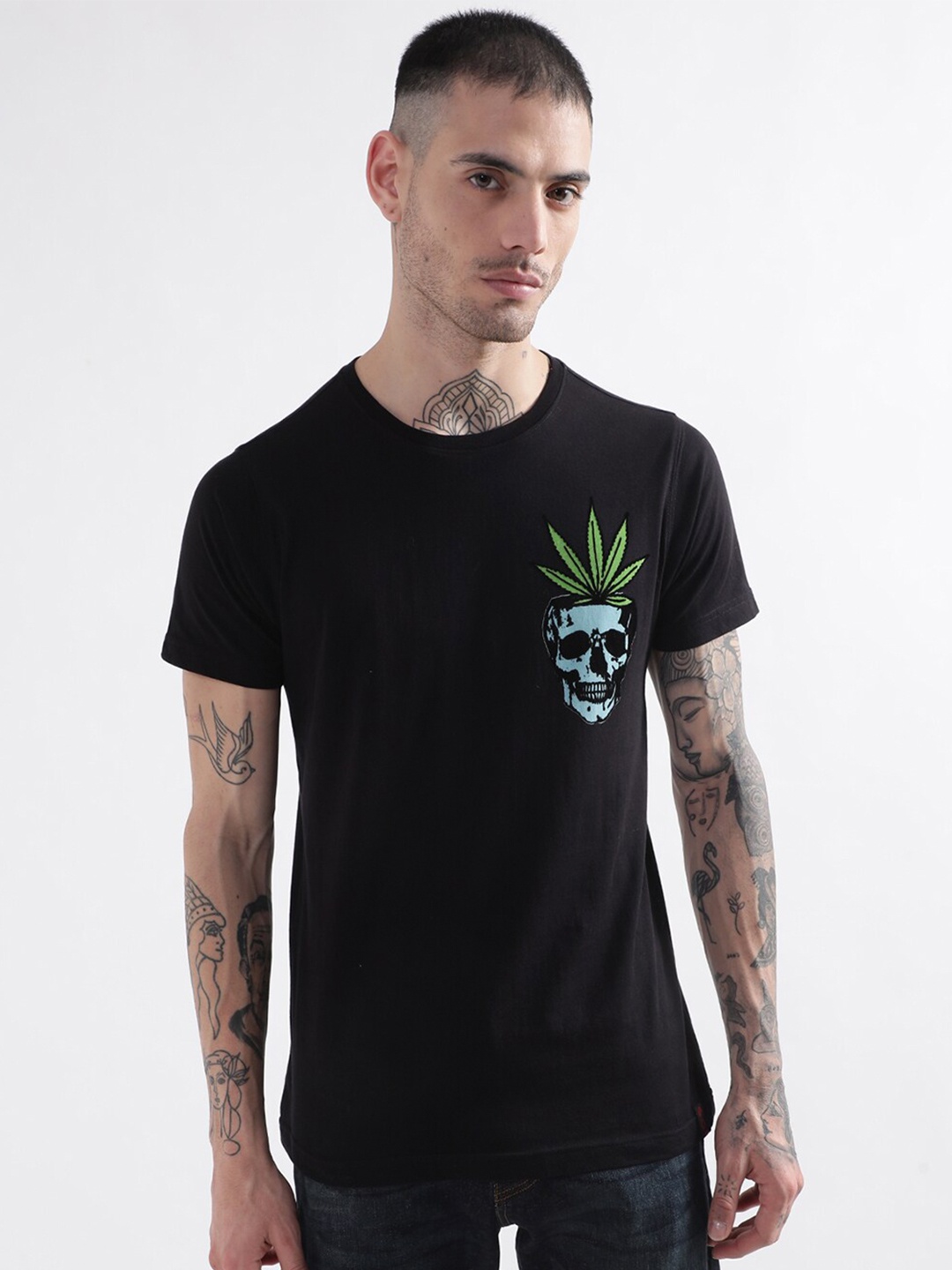 PUNK Graphic Printed Round Neck Cotton T-shirt, Black
