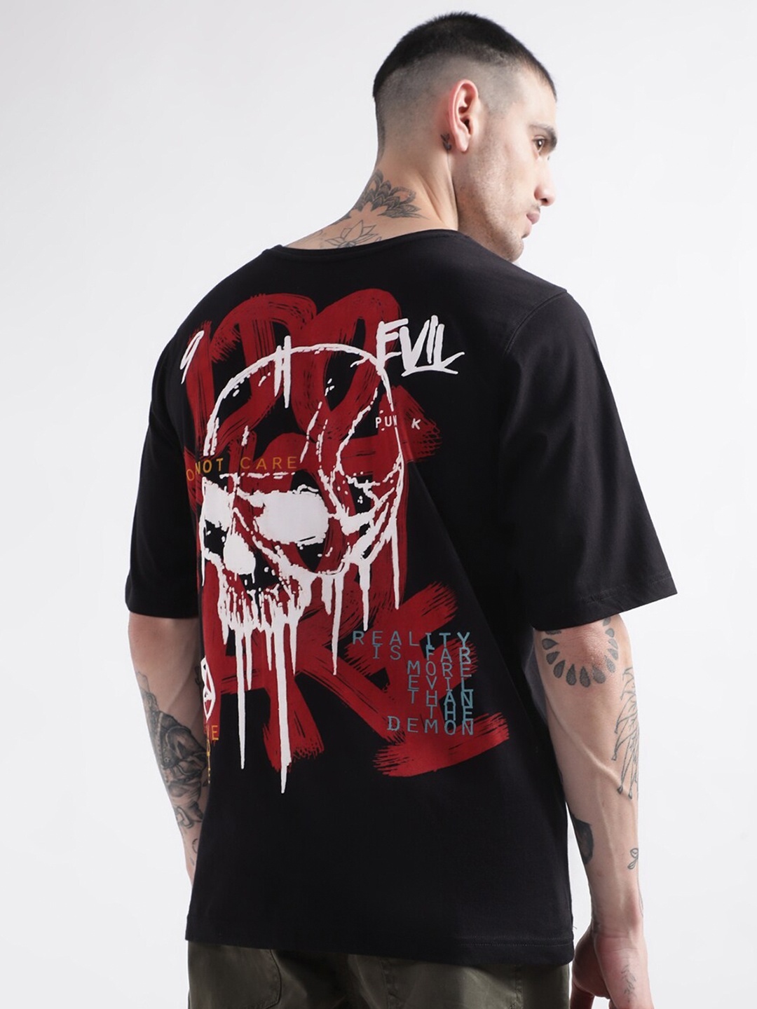 

PUNK Typography Printed Cotton Loose T-shirt, Black