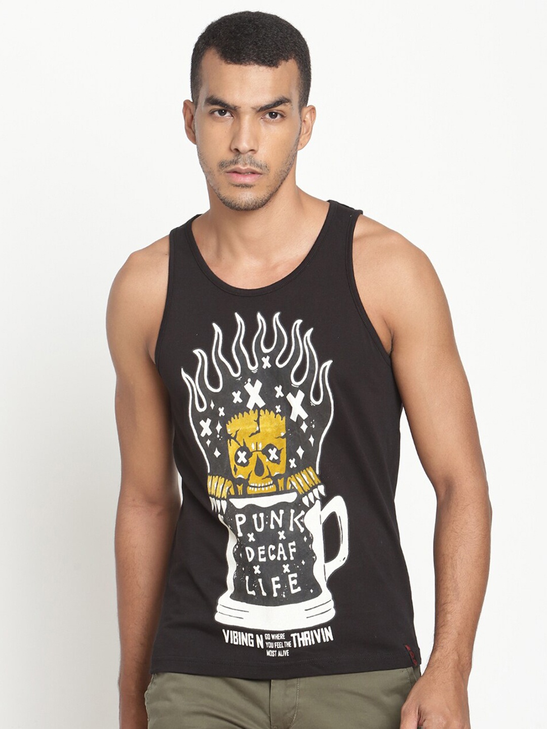 

PUNK Graphic Printed Sleeveless Cotton T-shirt, Black