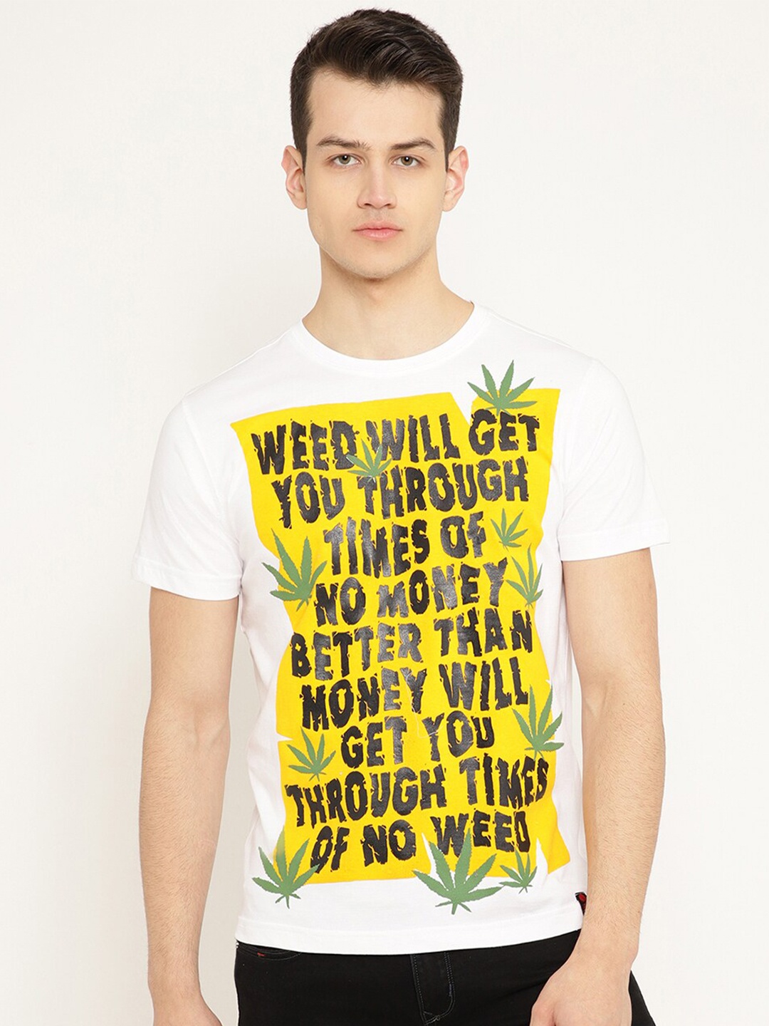PUNK Round Neck Typography Printed Cotton T-shirt, White