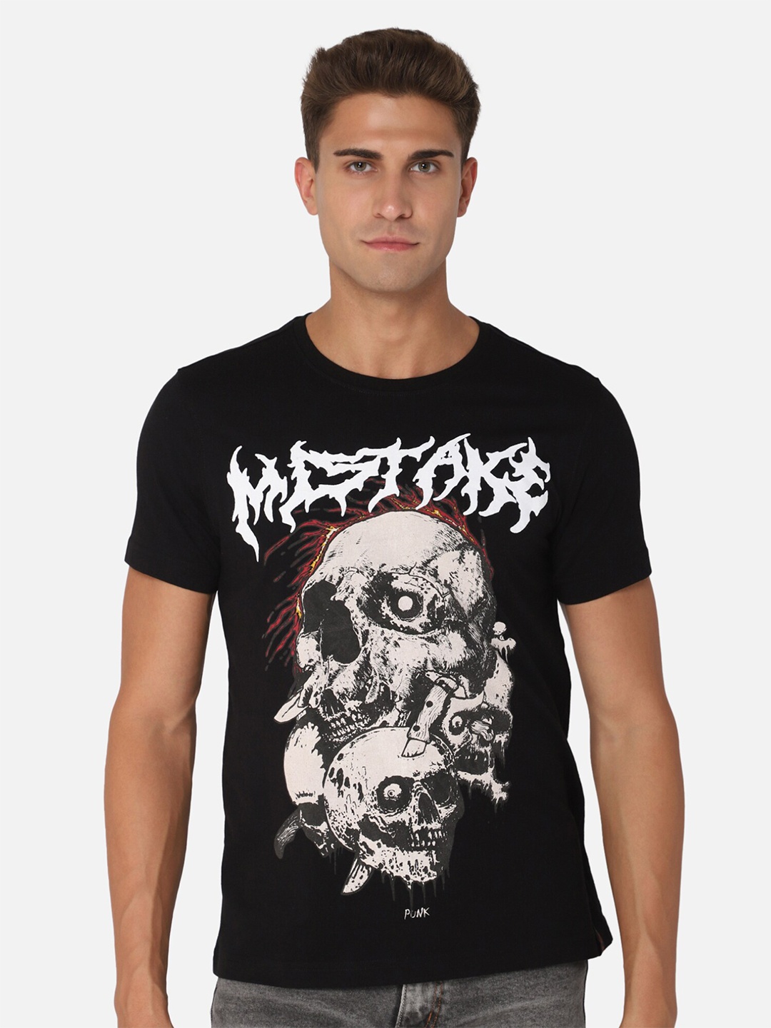 

PUNK Graphic Printed Round Neck Cotton T-shirt, Black