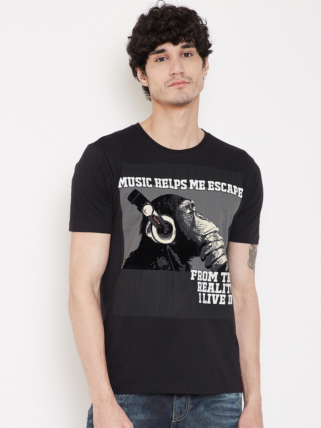 

PUNK Typography Printed Cotton T-shirt, Black